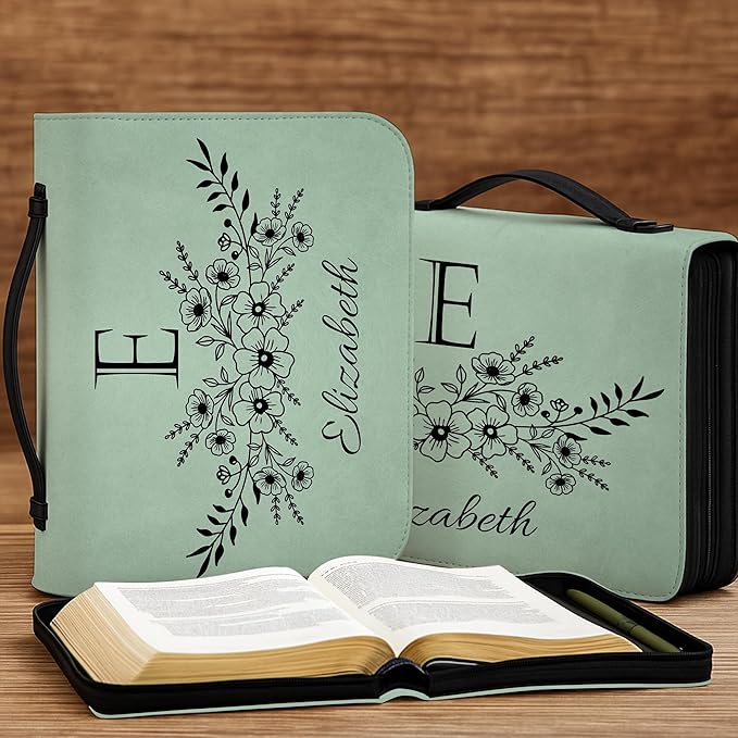 Custom Leather Bible Cover with Name – Personalized Bible Case for Women, Zippered with Handle, Bookmark & Storage Pockets, Christian Gift for Mom, Daughter, Grandma (Name Flowers, M-2XL)