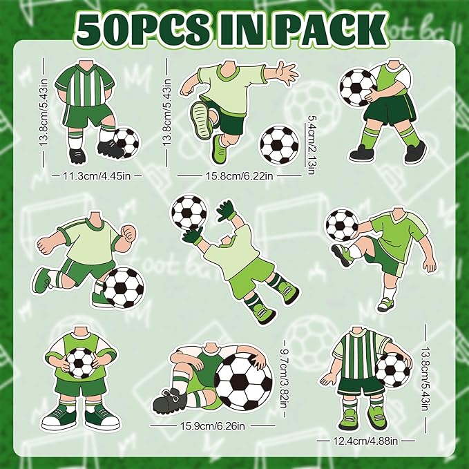 Whaline 50 Pcs Soccer Ball DIY Cutouts Sports Ball Cut-Outs Soccer Player Paper Cutting with 100 Pcs Glue Points for Crafts Birthday Party Classroom Bulletin Board Photo