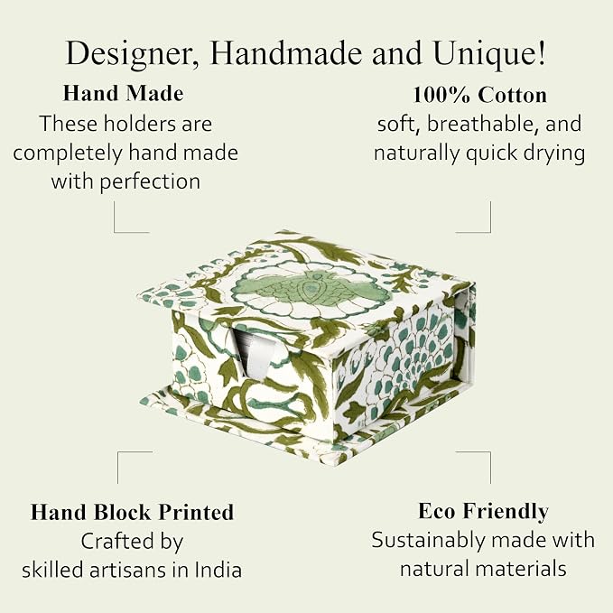 CPC Agate Green Block Print Cotton Desk Organizer Sticky Note Holder, 4'' X 4'' X 2'' Cute, Aesthetic, Decor Accessories, Workspace Organizers, Caddy Storage, Gift for Office, Professionals, Student