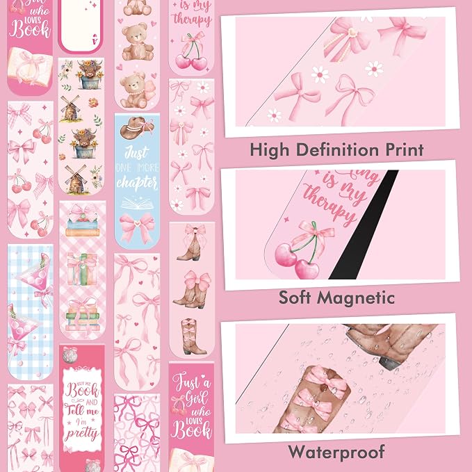 Pink Bow Magnetic Bookmarks Gifts: 30 Pcs Cute Girly Magnet Bookmark Clips with Bear Cherry Reading Quotes, Pretty Book Marks for Women Girls, Gift for Readers Book Lovers School Office Supplies