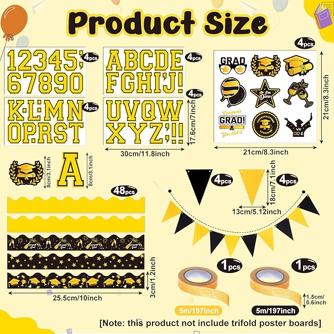 31 Pcs Graduation Photo Poster Board Decor Set Include 28 Sheets Graduation Themed Stickers 2 Rolls Picture Frame Tape 1 PC Banner for 2026 Grad Party College Board Photo Frame Decor(Glod)