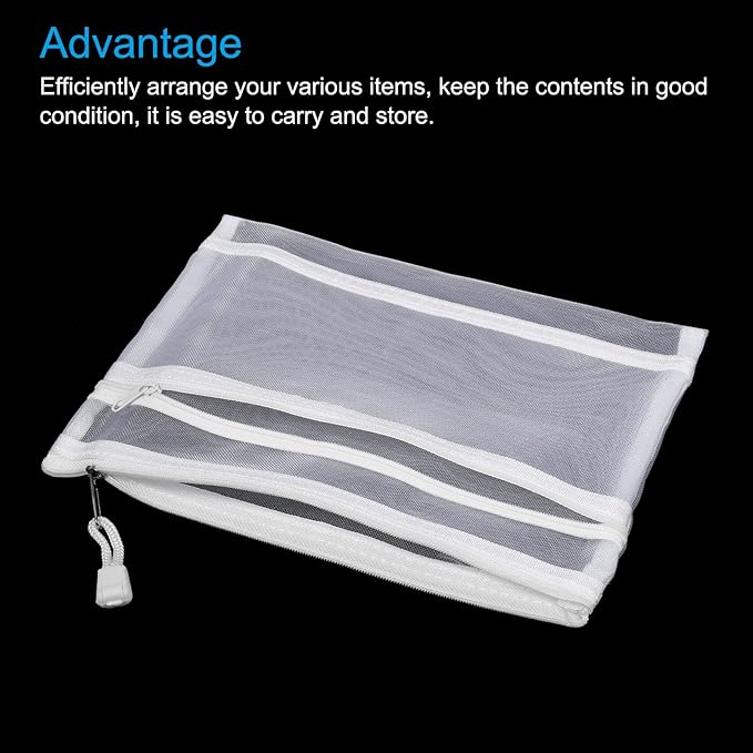 MECCANIXITY Mesh Zipper Bags, A5 Nylon Double Layer Zip File Pouch Storage Organizer Pockets for Travel Office Accessories, White Pack of 6