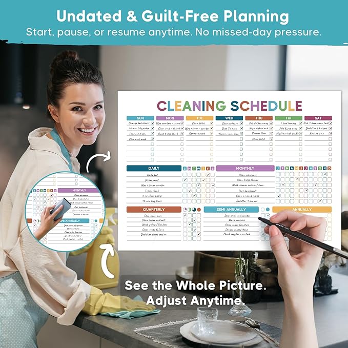 ADHD Cleaning Planner for Adults - Blue Cover Edition. Undated Daily Weekly Monthly Quarterly Yearly Chore Tracker Checklist. Wipe-Clean PVC Spiral Notebook for Home Management & Family Routine Tasks
