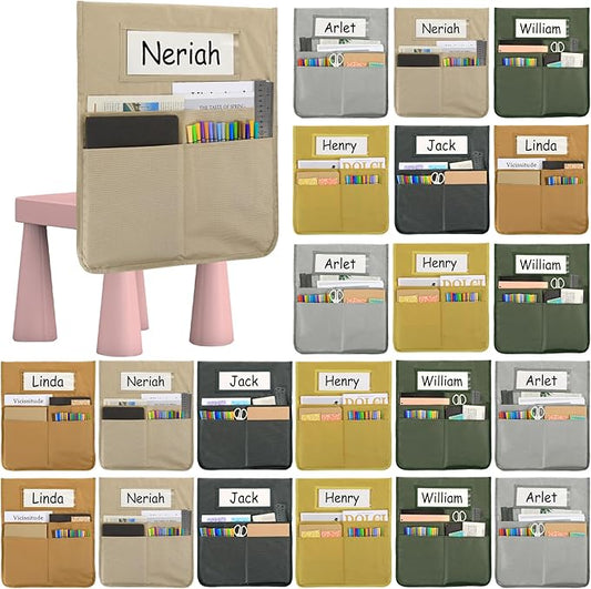 gisgfim 24 Pcs Chair Pockets for Classroom 16.7 x 19.3 Inch s with Name Tag Chairback 3 Pockets Chairs Seat Back Organizer for Elementary School Daycare Home Supply (Earth Color)