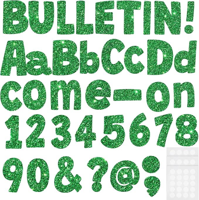 225Pcs Glitter Bulletin Board 4inch Letters with Adhesive Dots Punctuation Symbols Cutout for Classroom Numbers Alphabet School Display Decorating Supplies (Green)