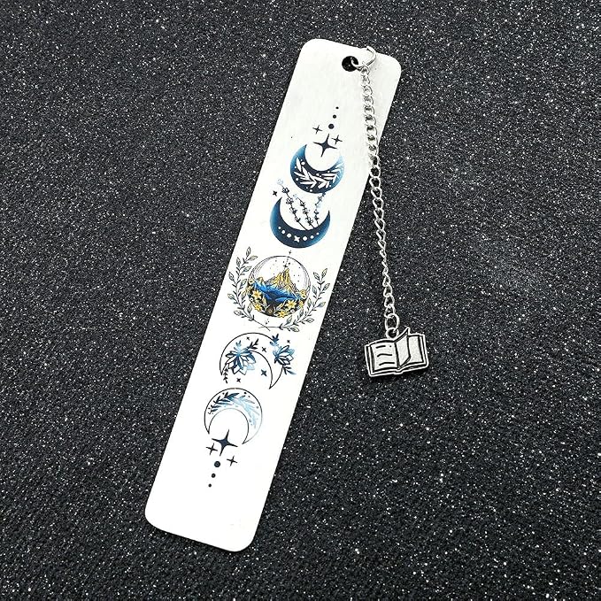 Stainless Steel Acotar Bookmark with Tassel, Acotar Inspirational Creative Moon Mountains Text Book Marks for Reading Women Men Collection, Books Accessories (Silver 1 Side Style 1)