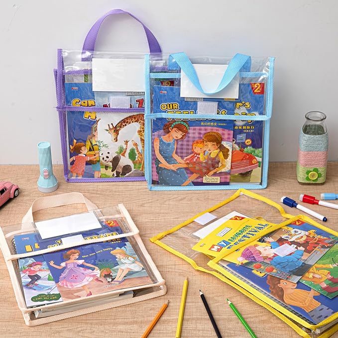 Teling 12 Pack Thick Clear Book Pouches with Blank Name Tags and Handles Book Baggies Bags Bins Organizer for School Classroom Library Pockets Students (10 x 12 Inch,Pastel Color)