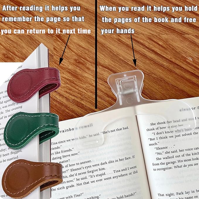 Magnetic Leather Bookmarks Set with Transparent Book Holder,Double Sided Strong Magnetic Page Markers,Hands Free Reading Book Clips for Book Lovers Students Teachers Sheet Music Class Notes