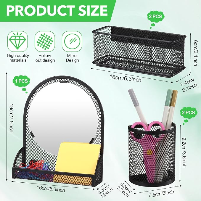 Weysat Set of 5 Magnetic Locker Accessories Mirror with 2 Magnetic Pen Holder and 2 Wire Mesh Storage Basket for Students Back to School Locker Organizer for School Office(Black)