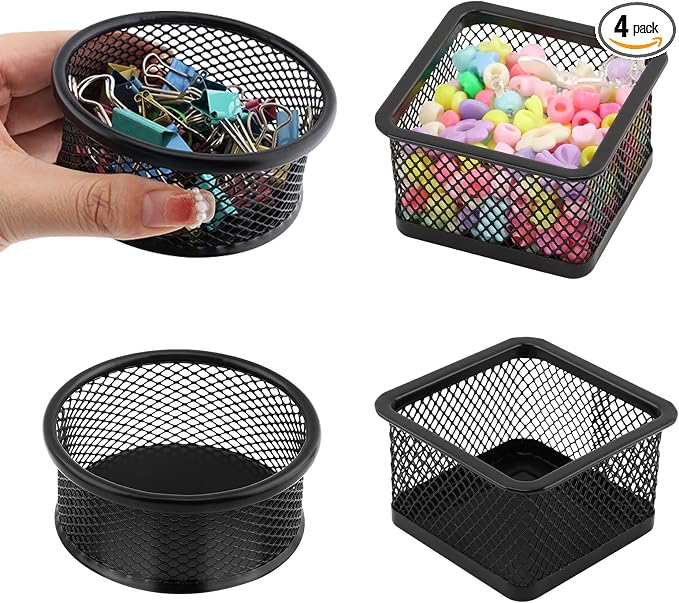 4pcs Paper Clip Holder,Paperclip Holders for Desk, Paper Clip Dispenser, Wire Mesh Paperclip Dish Holders,Papers Clips Organizer Office(black)