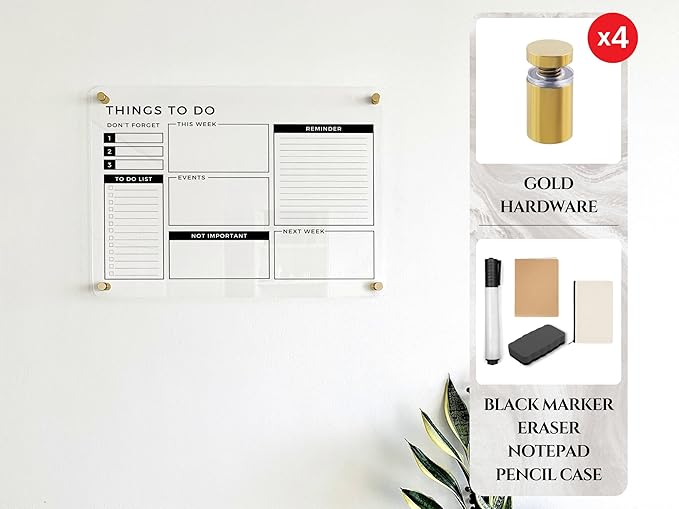 Large Dry Erase Calendar Board - Reusable To Do List & Reminder Wall Calendar, Schedule Organizer, Acrylic Wall Planner, Housewarming Gift (Gold Standoff, 24"x18")