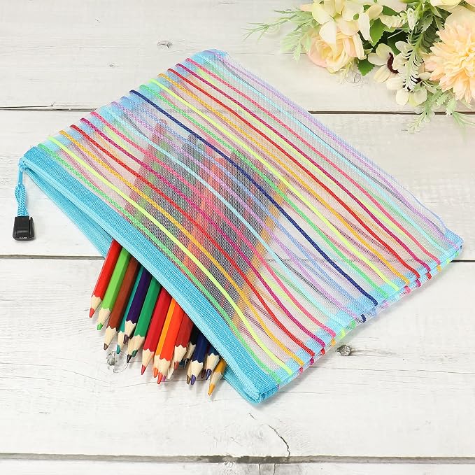 MECCANIXITY Mesh Zipper Pouches, A5 Colorful Pencil Case Document File Bags Storage Organizer for Office Supply Travel Accessory, Sky Blue Pack of 6