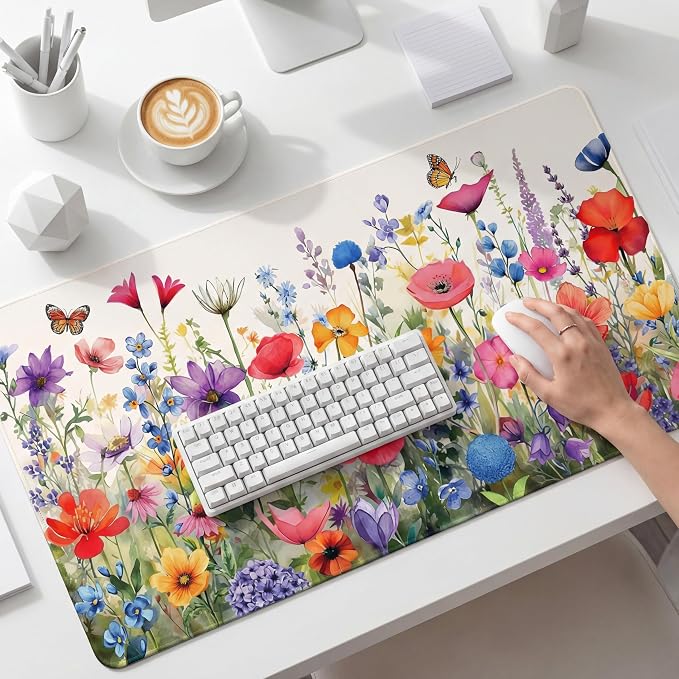 Geyoga Flower Mouse Pad for Desk 31.5 x 15.7 in Pink Floral Desk Mat for Desktop XL Large Computer Laptop Protector Keyboard Mouse Pad for Woman Back to School Gifts Work Office Home Decor
