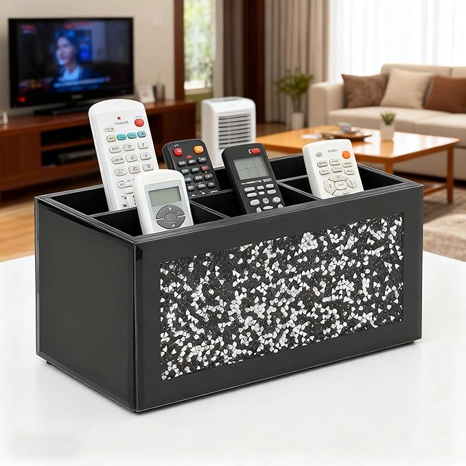 SHYFOY Glass Remote Control Holder with 6 Compartments TV Remote Caddy Storage Box,Desktop Organizer Store Controller,Glasses,Brush,Media Player,Pen,Space Saver for Bedside Table/Office Desk(Black)