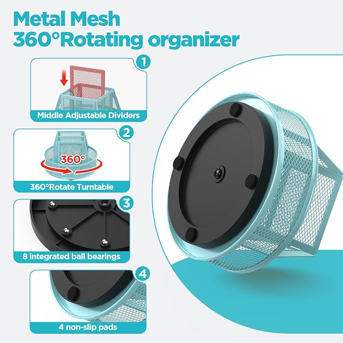 Docnest 360° Rotating Pen Holder,Heavy-Duty Metal Mesh Desk Organizer with 6 Compartments for Pencils,Scissors & Markers –Space Saving Office Supply for Teachers, Students & Home Desk-Blue
