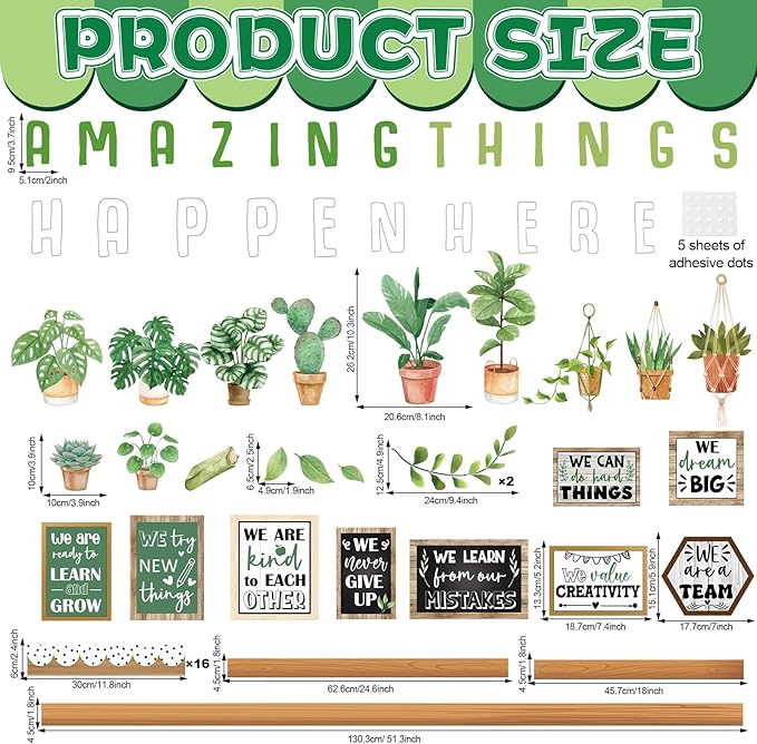 Spring Greenery Bookshelf Bulletin Board Motivational Quotes Potted Plant Cutouts Amazing Things Happen Here Classroom Bulletin Board Decoration for Back to School Chalkboard Wall Door Decorations