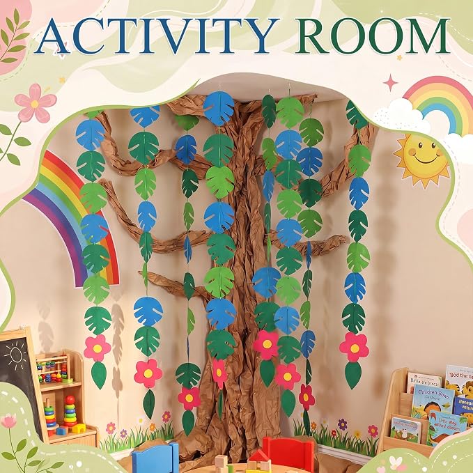 Suncalla Classroom Tree Bulletin Board Set DIY 3D Classroom Ceiling Wall Decor with Kraft Paper & Mounted Traceless Hooks for Jungle Safari Hawaiian Luau Party Supplies(Palm Leaves)