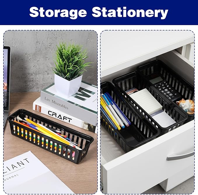 Kifmurase 24PCS Slim Storage Baskets Tray, 10x3x2.4 Inch Flat Plastic Storage Bin, Stackable Narrow Rectangular Desk Drawer Organizer Trays for Makeup Bathroom Kitchen Office Desktop Supplies(Black)