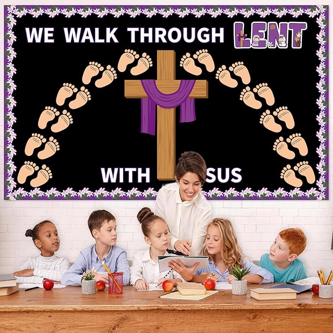 Easter Religious Bulletin Board for Lent Easter Cross Bulletin Board Decoration Set Religious Christian Cross Footsteps Paper Cutouts for Church Home Classroom School Nursery Chalkboard Decor