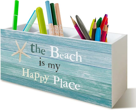 Beach Pen Holder for Home Office Kitchen Desk Decor, the Beach Is My Happy Place Wooden Pencil Holder Sign Organizer for Home Office Desk Accessories, Coastal Gifts for Women Men