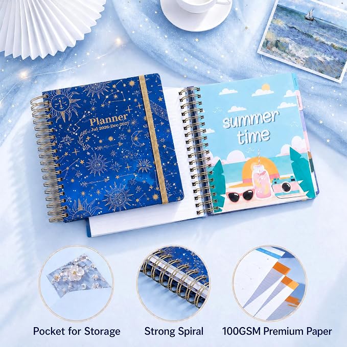 CAGIE Planner 2026-2027 18 Month July 2026-Dec 2027 Weekly and Monthly Calendar Planners Yearly Daily Hardcover 26-27 Planner for Women with Stickers Tabs Spiral Bound Agenda, Blue, 8.3"x9.1