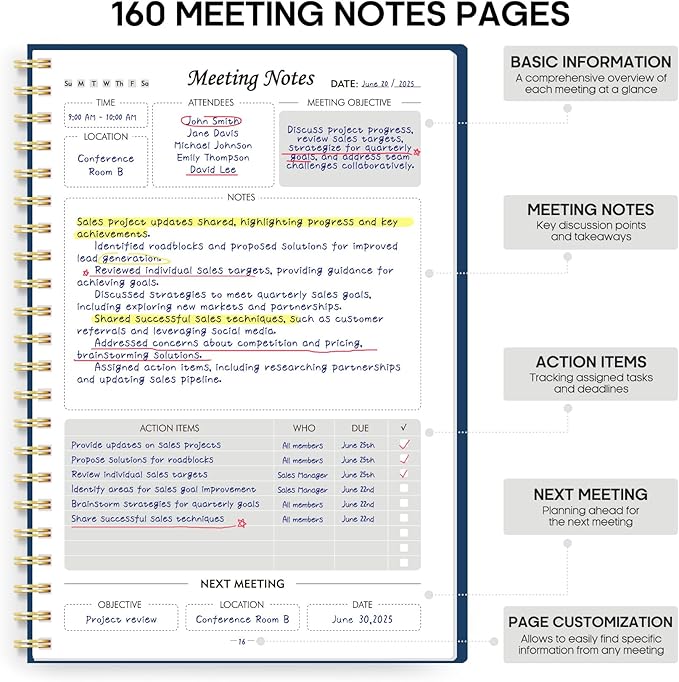 Taja Meeting Notebook for Work Organization - Work Planner Notebook with Action Items, Agenda Planner for Note Taking, 160 Pages (6.9" X 9.9") Project Organizer for Men & Women - Navy Blue