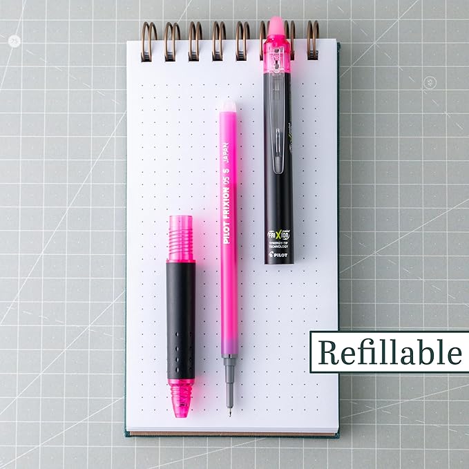 Pilot FriXion Synergy Clicker Erasable, Refillable, Retractable Gel Ink Pens, Extra Fine Point 0.5 mm, Pack of 12, Pink, FriXion Erasable Pens 0.5 - Ideal for School & Office Writing