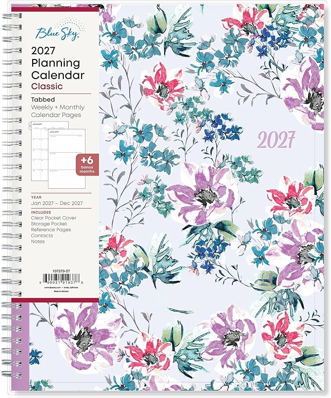 Blue Sky 2027 Weekly and Monthly Planner Calendar, January 2027 - December 2027, 8.5" x 11", Clear Pocket Cover, Laminated Tabs, Durable Twin Wire Binding, Storage Pocket, Laila