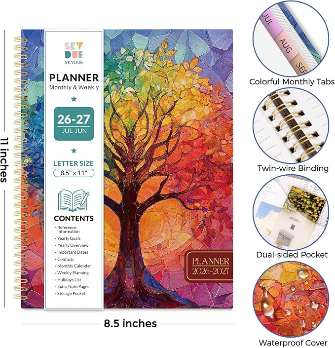 SKYDUE 2026-2027 Monthly and Weekly Academic Planner, July 2026-June 2027, 8.5"x11", Agenda Calendar with Colorful Tabs and Storage Pocket, Ideal for School Office Supplies