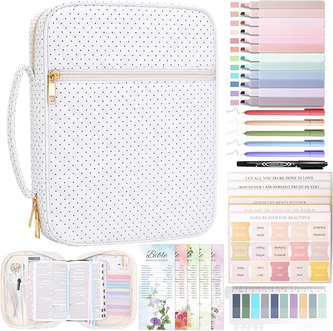 XKDOUS 30 Pcs Bible Cover for Women Quilted Bible Bag w/Handle, Tabs, Study Supplies Bible Journaling Kit Portable Book Carrying Case Christian Gifts for Mother Lady