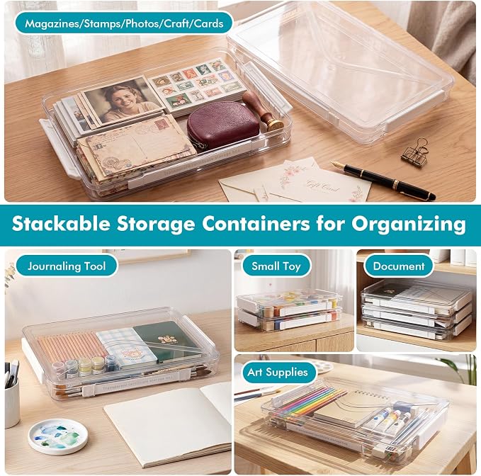 Novabright 3 Pack Clear Plastic File Boxes with Handle Portable Project Case Paper Storage Bin with Lid Transparent Stackable Container Document Magazine Protector for A4 Paper Photo Craft Scrapbook
