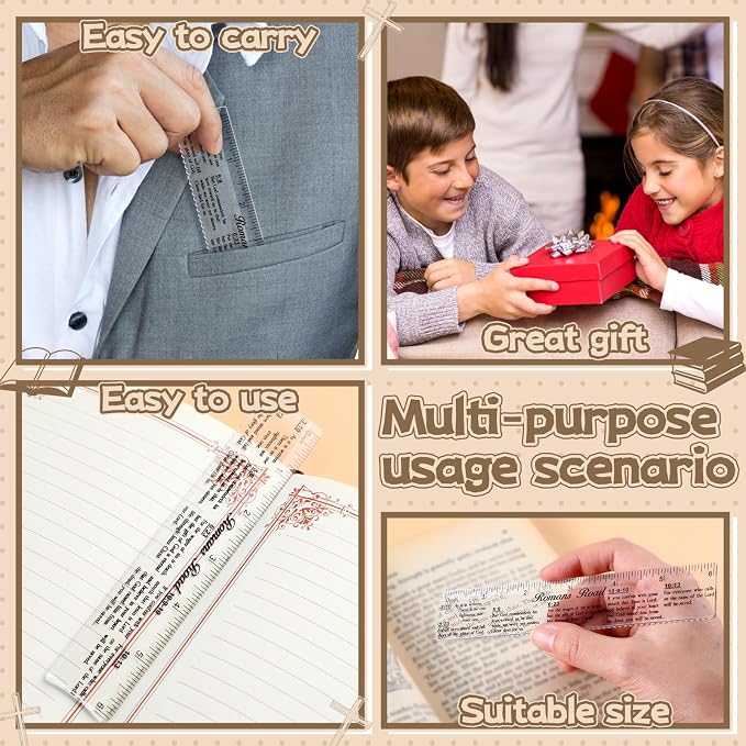 24 Pcs Clear Bible Verses Ruler with Scalloped Edge 6 Inch Christian Rulers with Books of the Bible for School Classrooms,Multitool or Bookmark(Romans Road)