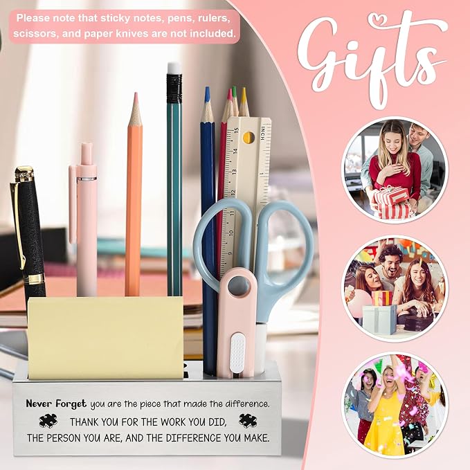 Thank You Pen Holder for Coworker Employee Teacher Friend, You Made the Difference Inspirational Desk Organizer, Appreciation Gift for Office Women Men, Laser Engraved Stainless Steel Plaque - FBA398