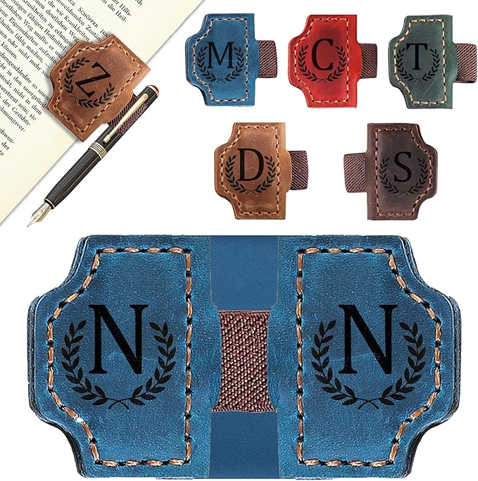 Custom Magnetic Bookmarks with Pen Holder, Personalized 26 Letters Name Initial Leather Bookmark, Leather Book Mark for Men Women Teachers, Readers Book Lovers Gifts (Blue, N)