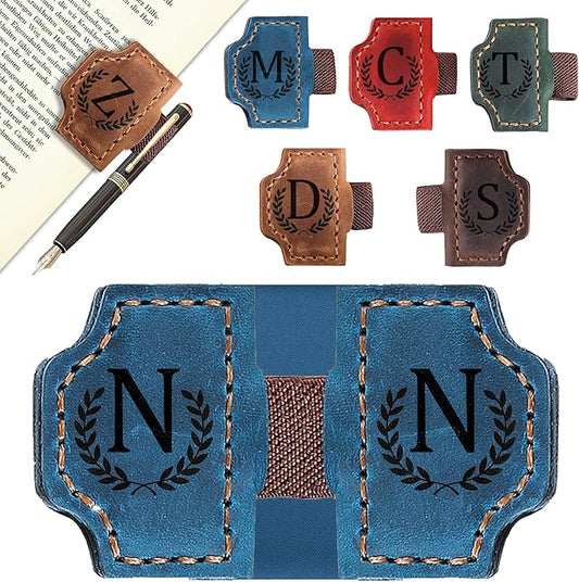 Custom Magnetic Bookmarks with Pen Holder, Personalized 26 Letters Name Initial Leather Bookmark, Leather Book Mark for Men Women Teachers, Readers Book Lovers Gifts (Blue, N)