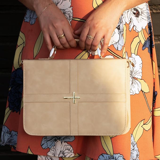 Bible Cover Case for Women (U.S. Patent Pending), Elegant & Practical Bible Case with Shoulder Strap, Light Beige PU Leather Bible Cover, Feminine Bible Bag, Soft Bible Covers for Ladies