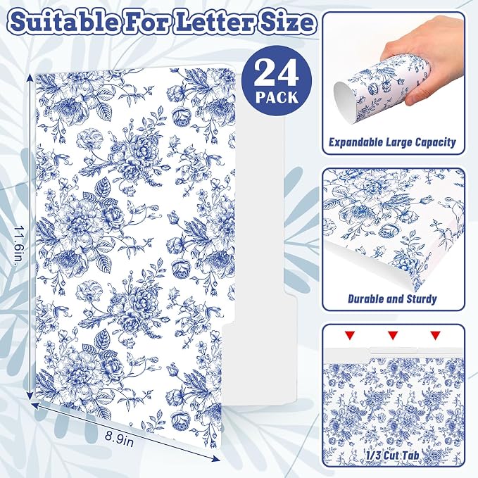 Whaline 24 Pack Blue Floral File Folders Letter Size Toile Blue Chinoiserie Flower File Pockets with 1/3 Cut Tab for Home Office Classroom Supplies, 8.9 x 11.6 Inch