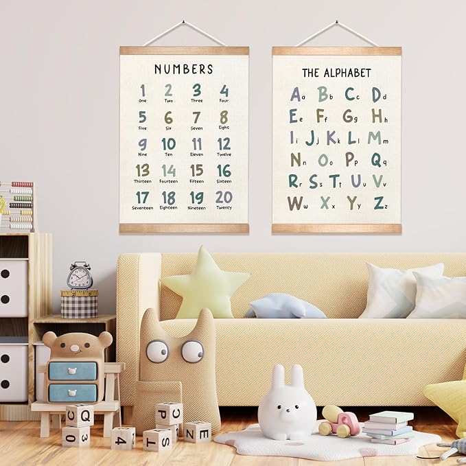 HEYJEEPER Alphabet and Numbers Learning Posters Set of 2,18.5x14 Inch Linen&Canvas Educational Wall Art with Wood Hanger, ABC 123 Chart for Toddlers Classroom Nursery Playroom Decor (Colored Font)