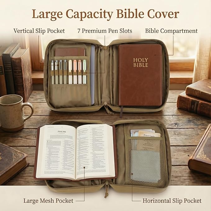 Tactical Bible Cover for Men, Large Bible Case with Shoulder Strap & US Flag Patch, Water Resistant Bible Carrier Bag with Handle, Multi Pockets for Church Study & Travel（Brown）