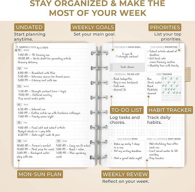 Clever Fox Disc-Bound Weekly Planner – Undated Monthly Notebook with Habit Tracker, Productivity Journal – Life, Work & Goal Organizer, 6.5 x 8.4" (Seashell)