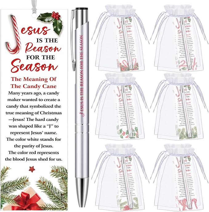 Dispowreath 24 Pcs/12 Sets Jesus is The Reason for The Season Gift, Include 12 Xmas Candy Cane Bookmark 12 Bible Verse Ballpoint Pen for Christmas Church Prizes Party Favors