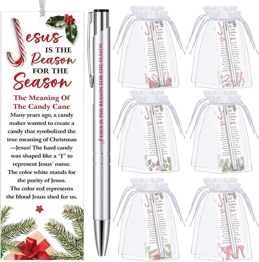 Dispowreath 24 Pcs/12 Sets Jesus is The Reason for The Season Gift, Include 12 Xmas Candy Cane Bookmark 12 Bible Verse Ballpoint Pen for Christmas Church Prizes Party Favors