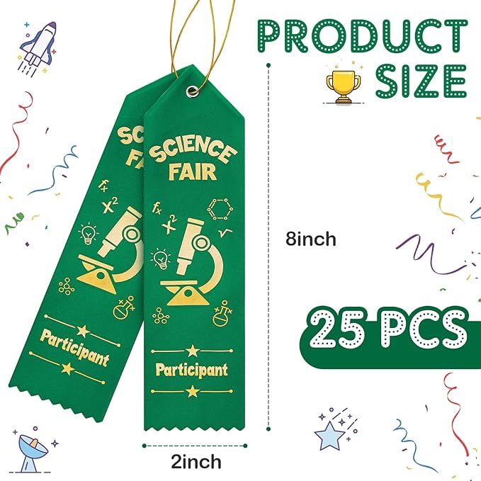 Taiyin 25 Pcs Science Fair Participant Award Ribbons with Event Card String Green Participation Prize Ribbons for Science Fair Competition Event School Team