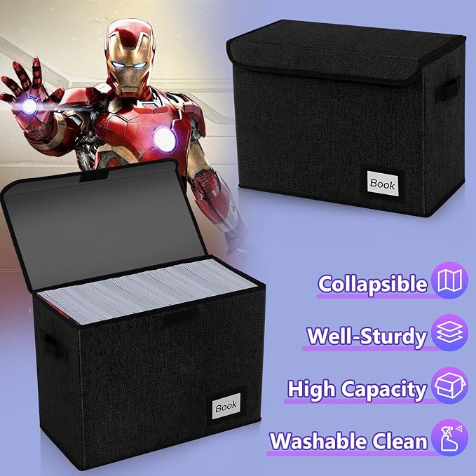 2 Pack Comic Book Storage Box, Comic Protector Organizer, 15.8" X 7.8" X 11.8", Collapsible Comic Short Box, Holds 160-180 Comic Book Heavy Duty Container Holder Shelf Bin (Black)