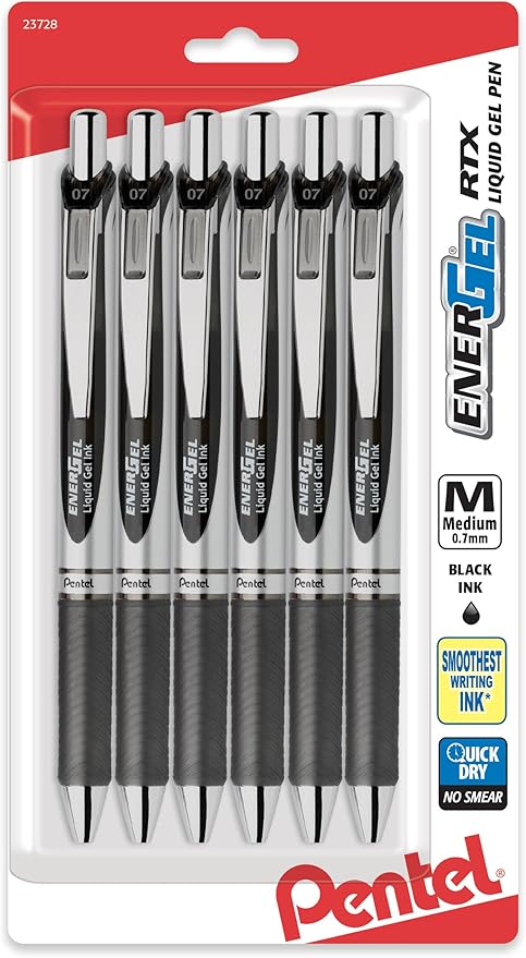 Pentel EnerGel RTX Retractable Liquid Gel Pen, (0.7mm), Medium Line, Metal Tip, Black Ink, Pack of 6 (BL77BP6A)