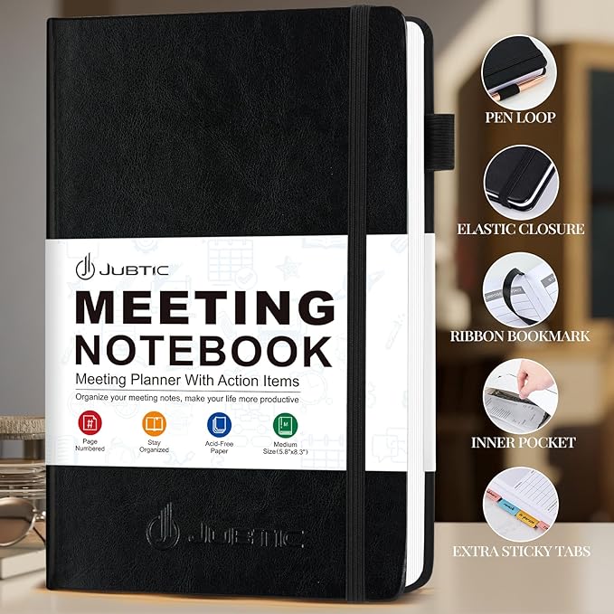 JUBTIC Meeting Notebook for Work with Action Items, Project Planner Work Planner for Office & Business Taking Notes, Agenda Organizer Supplies for Men & Women,160 Pages (8.5”x11”) - Black