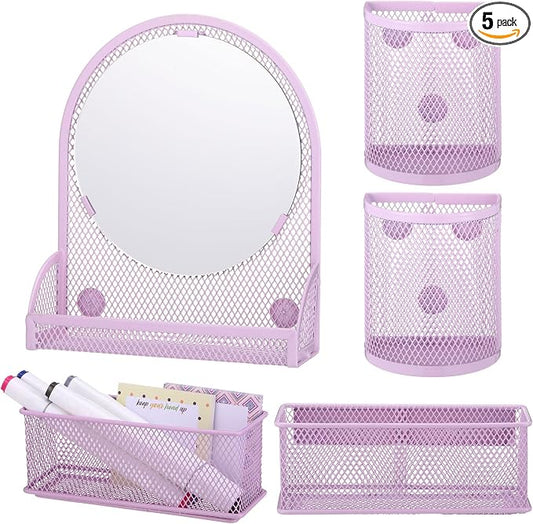 Weysat Set of 5 Magnetic Locker Accessories Mirror with 2 Magnetic Pen Holder and 2 Wire Mesh Storage Basket for Students Back to School Locker Organizer for Office End of School Years Gifts (Purple)