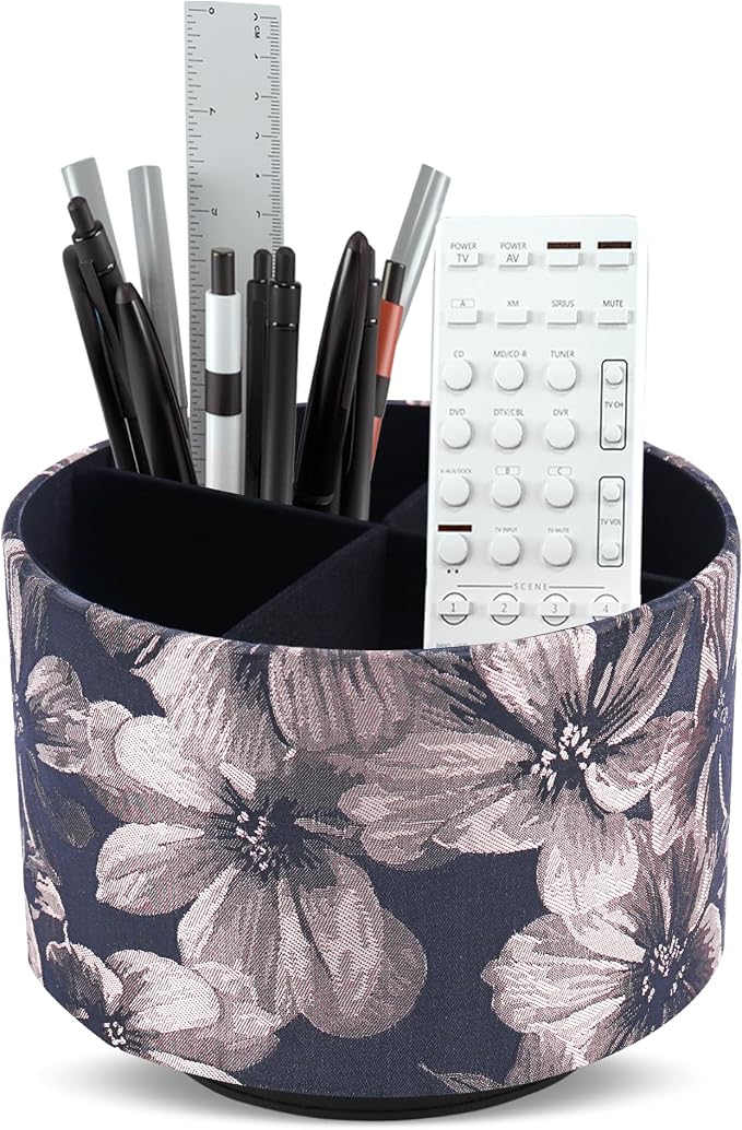 Round Leather Art Supply Organizer,Remote Control Holder,360 Degree Rotating,Multi-Functional Pencil Holder,4 Compartments Desktop Stationary Organizer(1-Dahlia Light Brown)