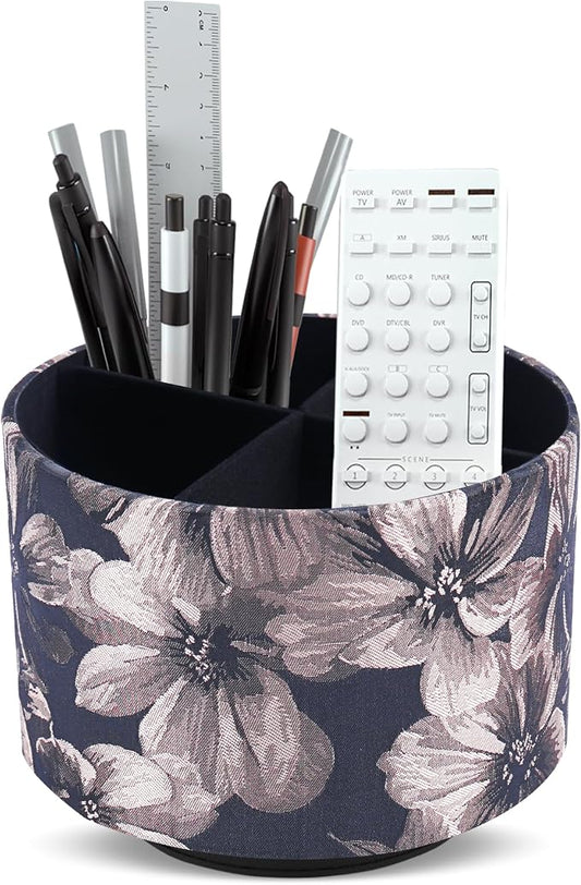 Round Leather Art Supply Organizer,Remote Control Holder,360 Degree Rotating,Multi-Functional Pencil Holder,4 Compartments Desktop Stationary Organizer(1-Dahlia Light Brown)