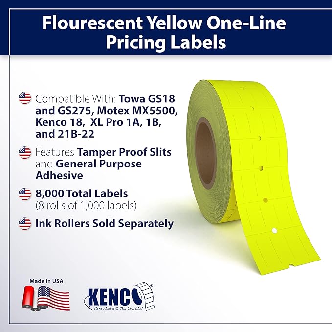Labels to fit: Motex MX5500, Towa GS Series,Halmark Model H, Kenco 18-8,000 Labels by Kenco (Fluorescent Yellow)